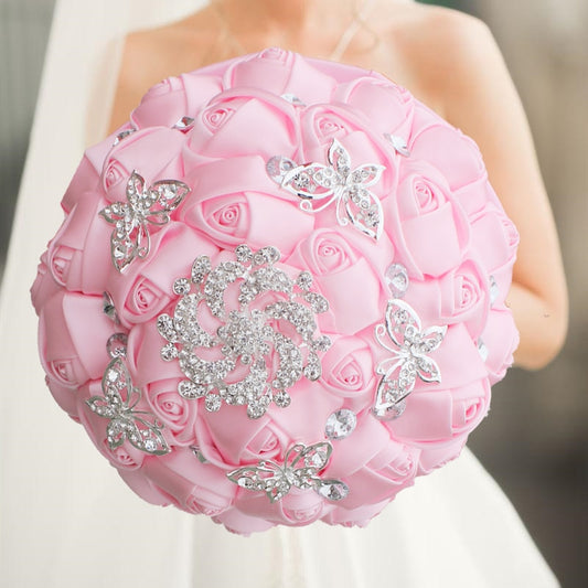 Pink Rhinestone Wedding Brooch Bouquet - Bride Wedding Bouquets Bridesmaids Silk Rose Flower