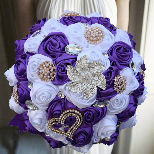 Purple Wedding Brooch Bouquet - Bride Wedding Bouquets Bridesmaids Silk Rose Flower