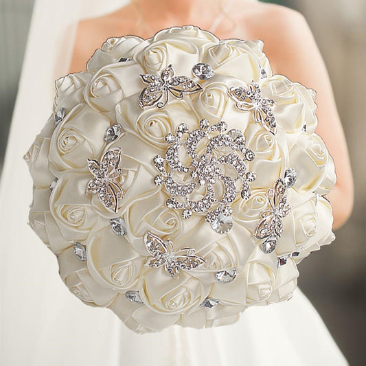 White Rhinestone Wedding Brooch Bouquet - Bride Wedding Bouquets Bridesmaids Silk Rose Flower