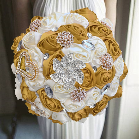 Gold White Wedding Brooch Bouquet - Bride Wedding Bouquets Bridesmaids Silk Rose Flower
