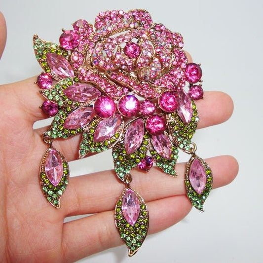 Art Deco style charming flowers Rose Brooch Pin Pendant Pink Crystal