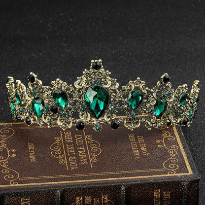 Baroque Bronze Gold Color Green Crystal Crown Bridal Tiara Vintage Wedding Rhinestone Diadem Pageant shehzadizevar