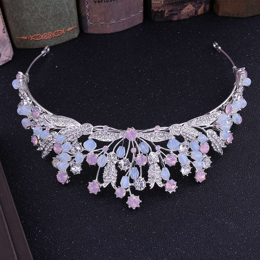 Baroque Handmade Pink Crystal Beads Bridal Tiaras Crowns Pageant Prom Rhinestone Veil Tiara Headband shehzadizevar
