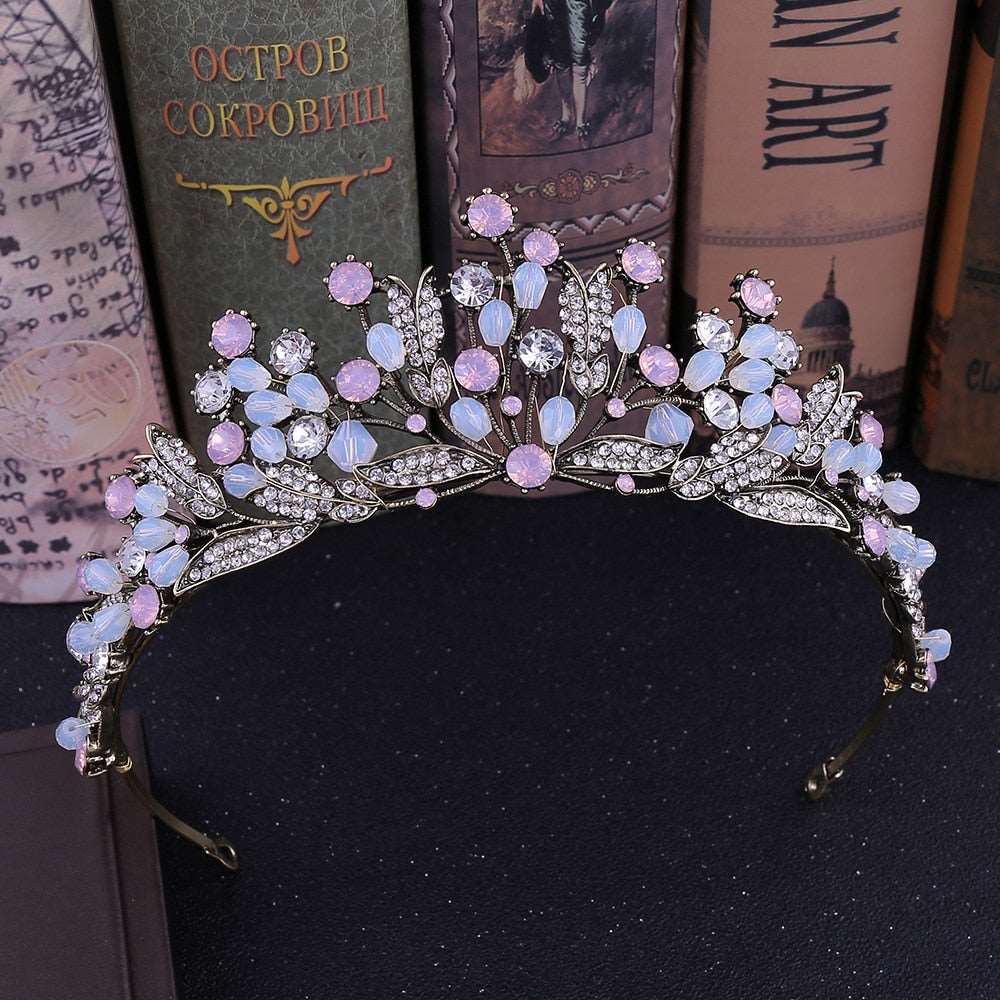 Baroque Handmade Pink Crystal Beads Bridal Tiaras Crowns Pageant Prom Rhinestone Veil Tiara Headband shehzadizevar