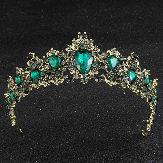 Baroque Bronze Gold Color Green Crystal Crown Bridal Tiara Vintage Wedding Rhinestone Diadem Pageant shehzadizevar