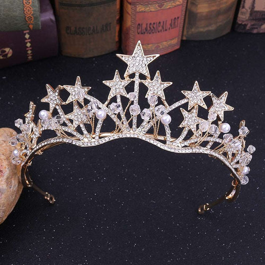 Baroque Gold Color Star Crystal Pearl Wedding Tiaras Bridal Crown for Bride Rhinestone Crowns Headba shehzadizevar