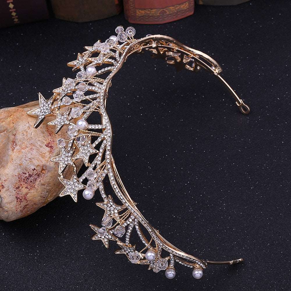 Baroque Gold Color Star Crystal Pearl Wedding Tiaras Bridal Crown for Bride Rhinestone Crowns Headba shehzadizevar