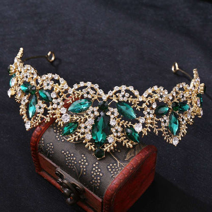 Baroque Gold Color Green Crystal Bridal Crown Tiaras Rhinestone Diadem Veil Tiara Bride Headband shehzadizevar