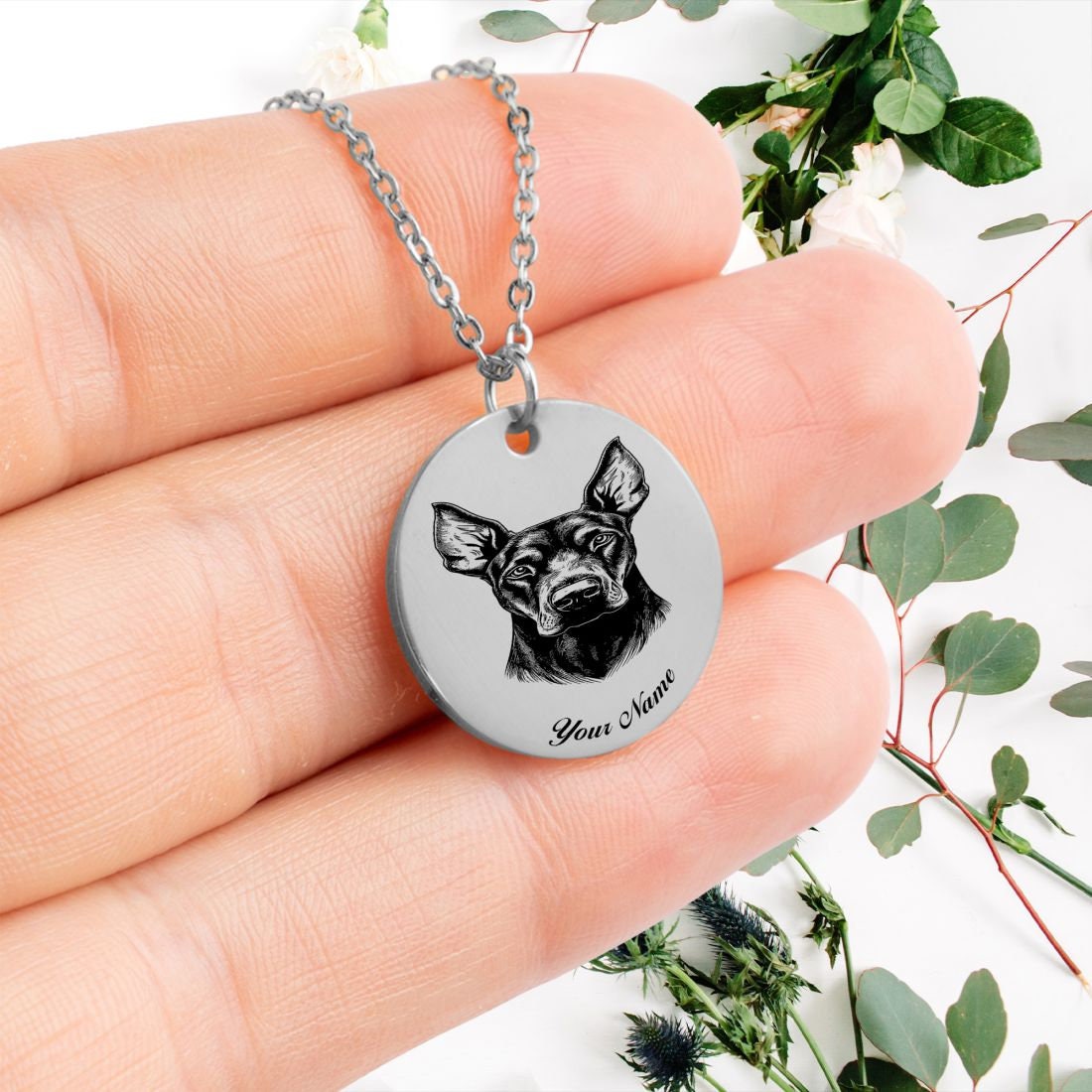 Doberman Pinscher Dog Portrait Necklace - Personalizable Jewelry