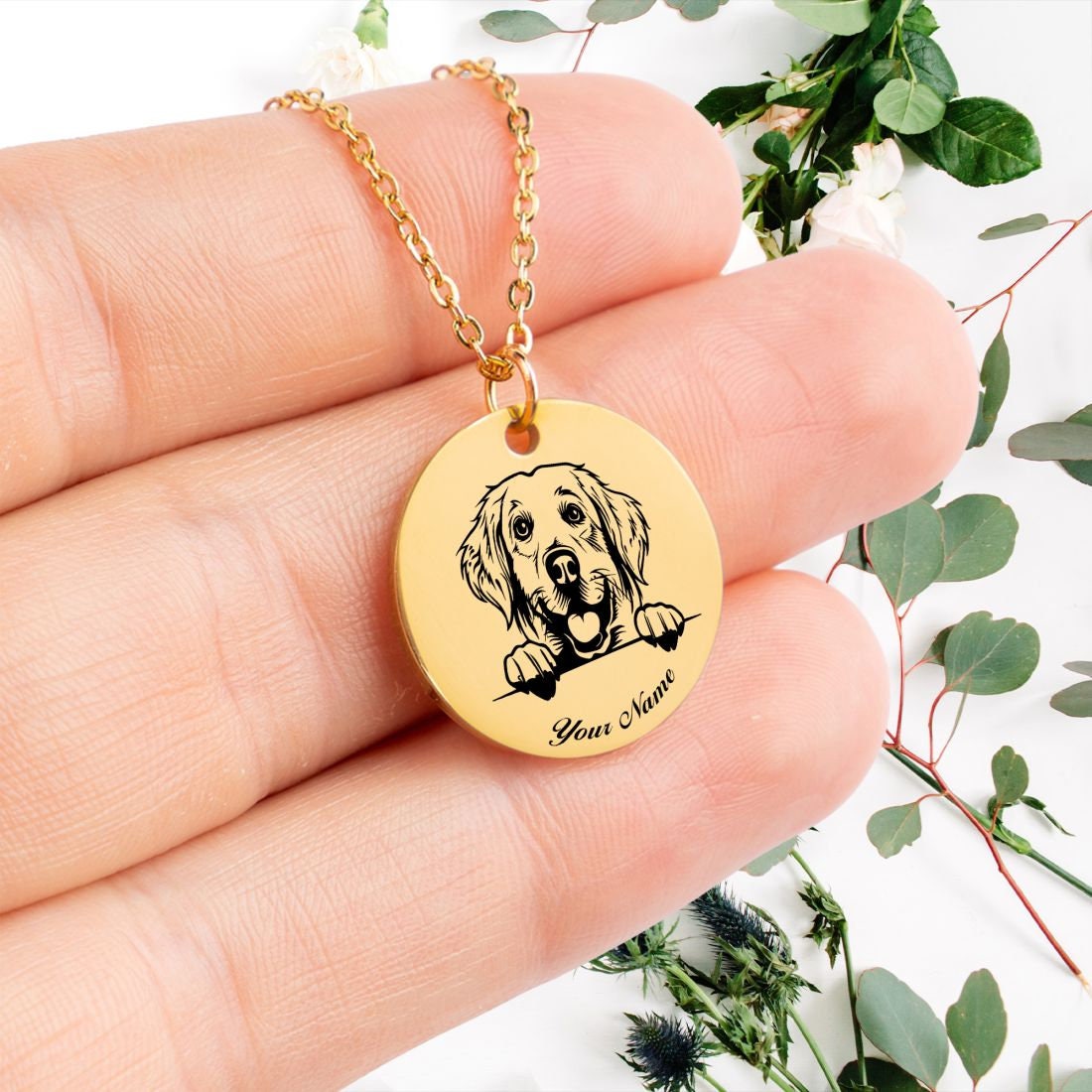 Golden Retriever Dog Portrait Necklace - Personalizable Jewelry