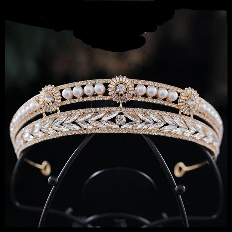 Baroque Gold Silver Color Crystal Pearls Bridal Tiaras Crown Rhinestone Pageant Diadem Bride Headban