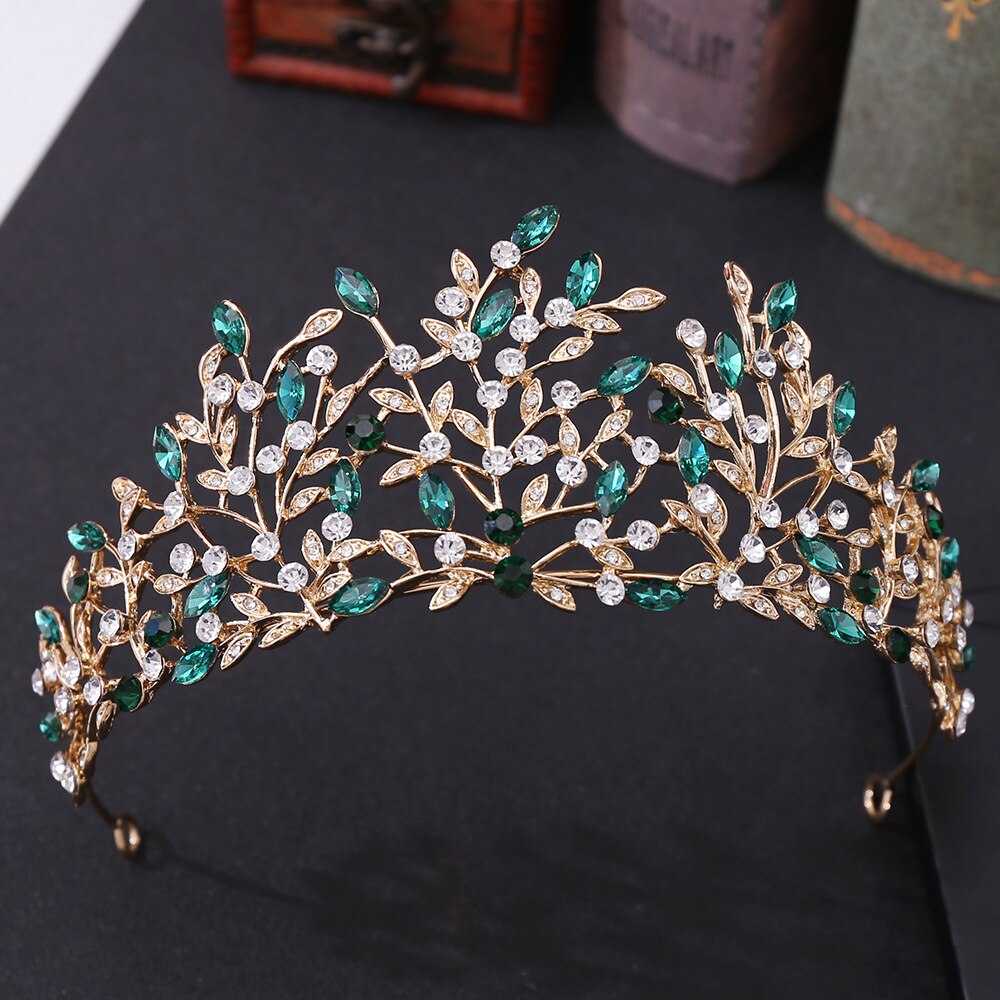 Baroque Retro Gold Color Green Crystal Leaf Bridal Tiara Crown Rhinestone Pageant Diadem Bride