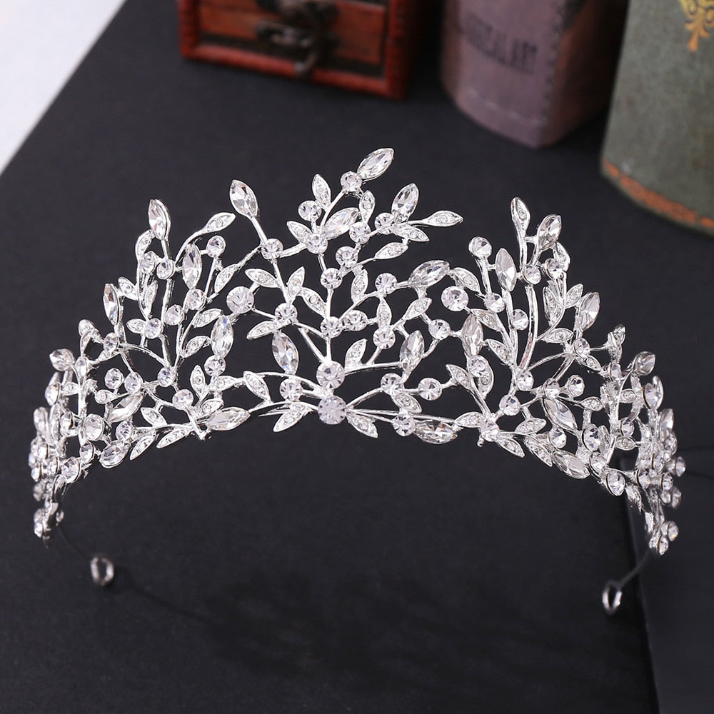 Baroque Retro Gold Color Green Crystal Leaf Bridal Tiara Crown Rhinestone Pageant Diadem Bride