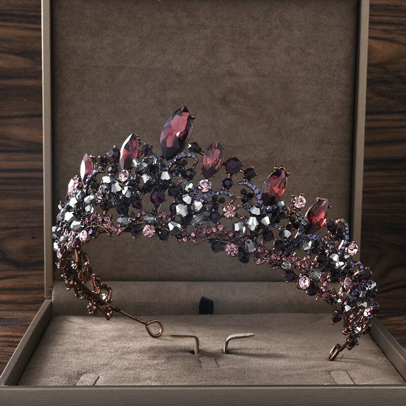 Baroque Vintage Violet Black Crystal Beads Heart Bridal Tiaras Crown Rhinestone Pageant Diadem