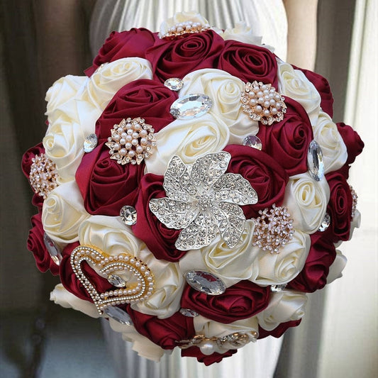 Red White Wedding Brooch Bouquet - Bride Wedding Bouquets Bridesmaids Silk Rose Flower