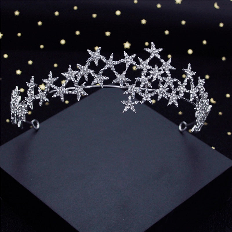 Baroque Metal Stars Rhinestone Crown Tiaras for Bride Queen Bridal Diadem Girls