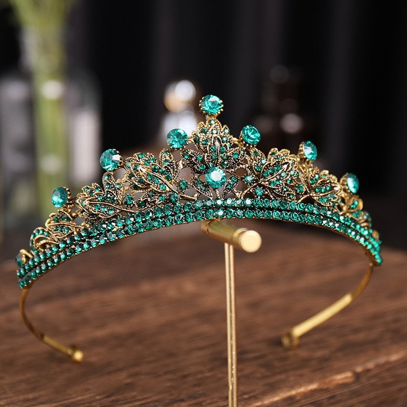 Baroque Vintage Gold Color Green Crystal Leaf Bridal Tiaras Bronze Black Rhinestone Pageant Diadem