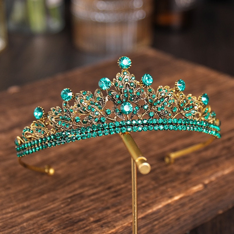 Baroque Vintage Gold Color Green Crystal Leaf Bridal Tiaras Bronze Black Rhinestone Pageant Diadem