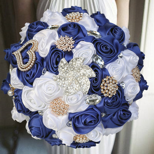 Blue White Wedding Brooch Bouquet - Bride Wedding Bouquets Bridesmaids Silk Rose Flower