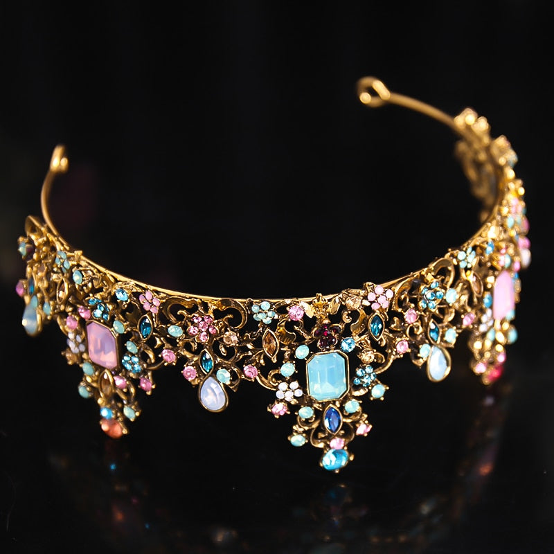 Baroque Colorful Crystal Rhinestone Stone Crown Tiara Queen