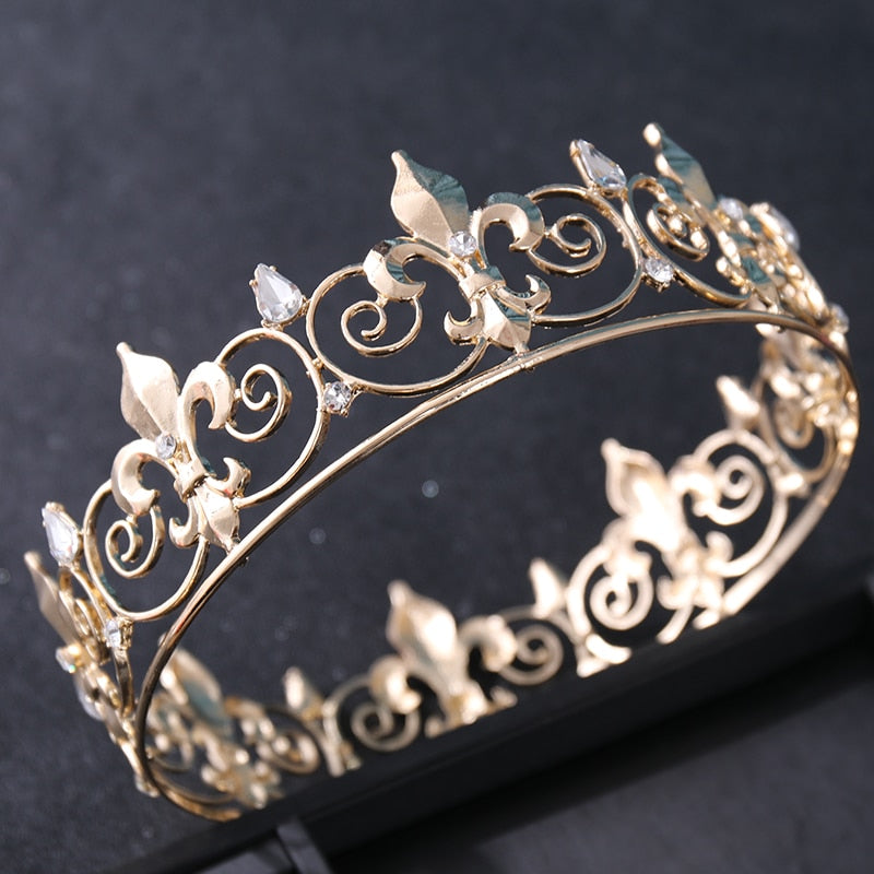 Baroque Crystal Gold Round Crowns Party King Queen Tiara For Women