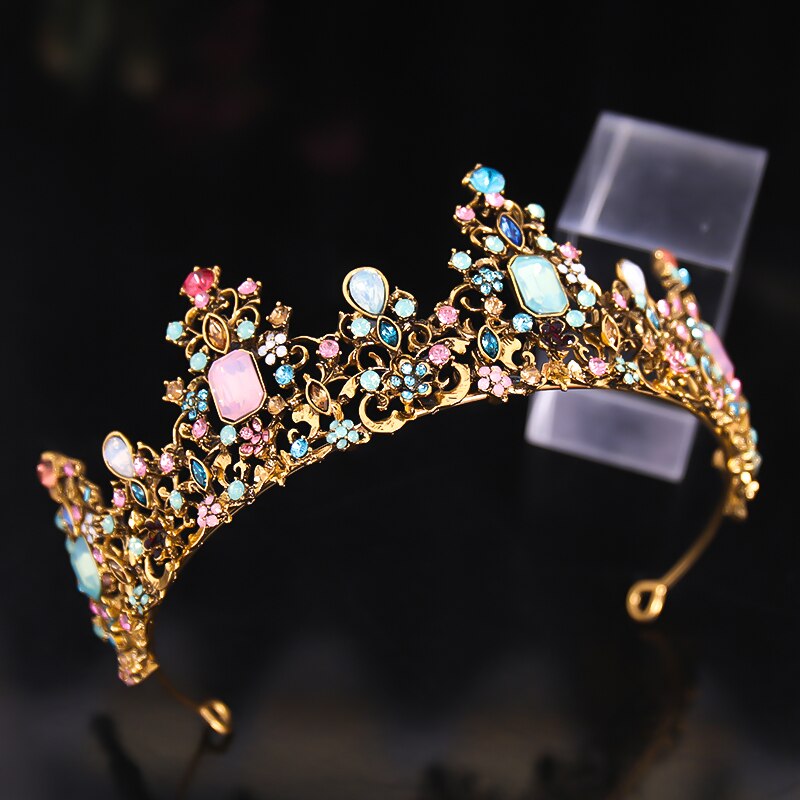 Baroque Colorful Crystal Rhinestone Stone Crown Tiara Queen