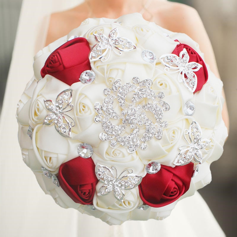 White Red Wedding Brooch Bouquet - Bride Wedding Bouquets Bridesmaids Silk Rose Flower