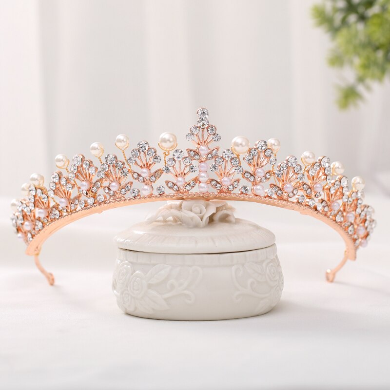 Rose Gold Pearl Rhinestone Wedding Crown Headband
