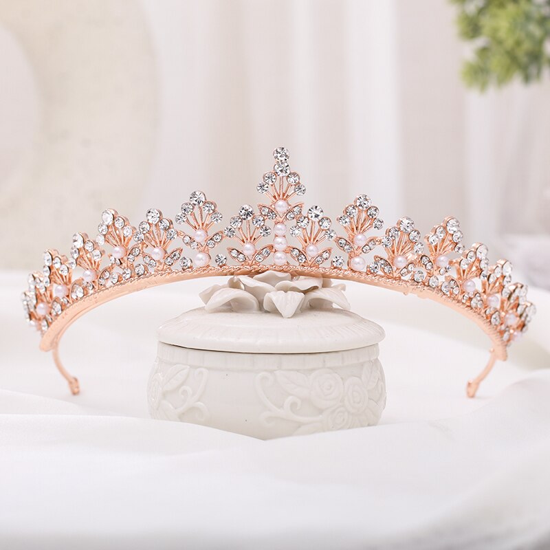 Rose Gold Rhinestone Pearl Wedding Crown Tiara