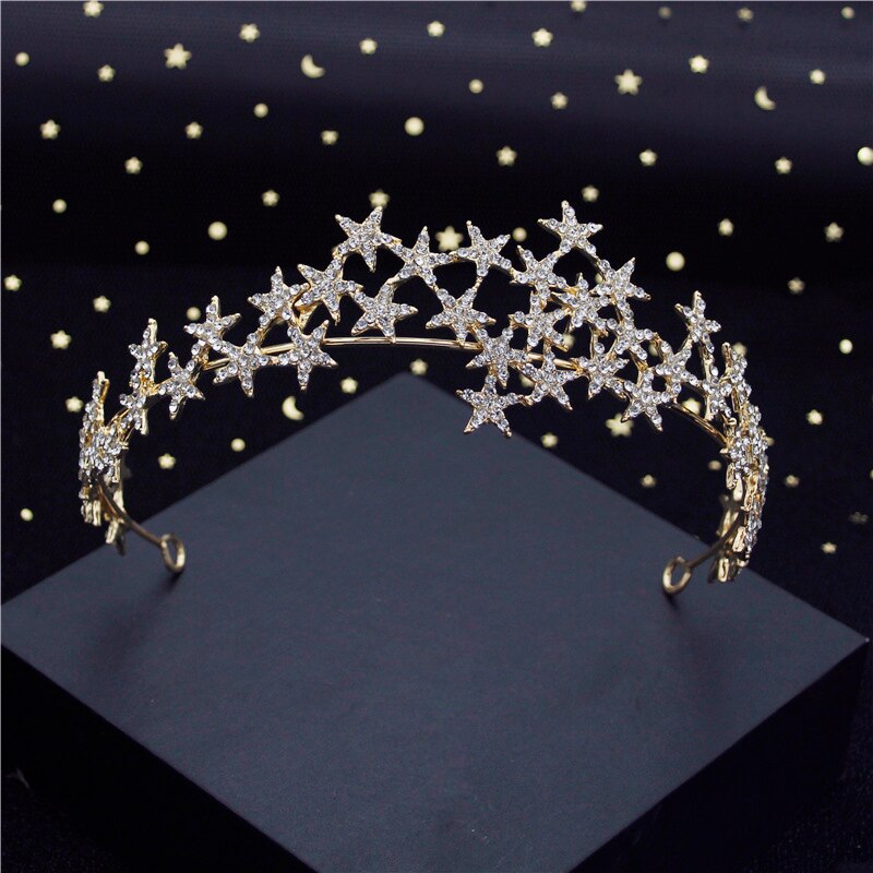 Baroque Metal Stars Rhinestone Crown Tiaras for Bride Queen Bridal Diadem Girls