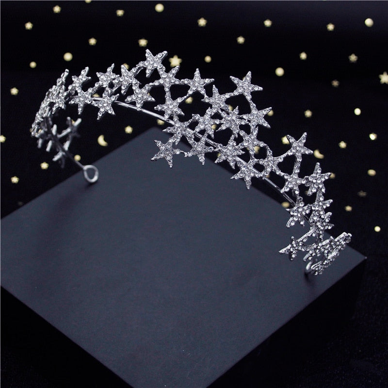 Baroque Metal Stars Rhinestone Crown Tiaras for Bride Queen Bridal Diadem Girls