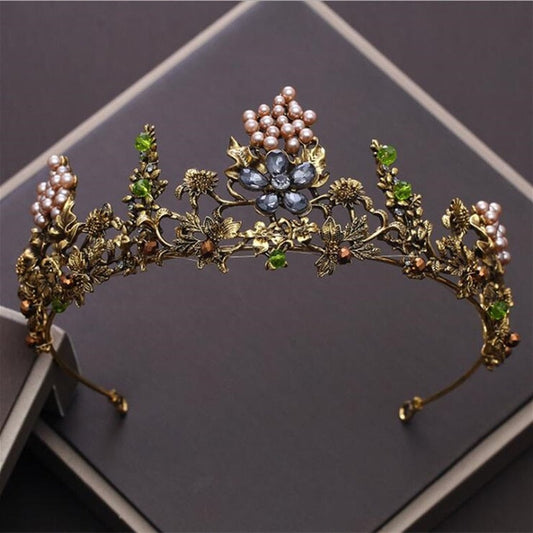 Baroque Retro Gold Crystal Flowers Beads Tiaras Crown
