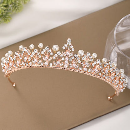 Rose Gold Pearl Rhinestone Wedding Crown Headband