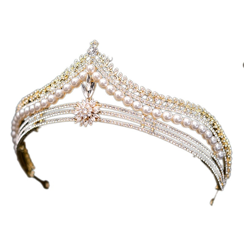 Baroque Retro Gold Color Crystal Pearl Bridal Tiaras Crown Rhinestone Pageant Diadem Headband Weddin