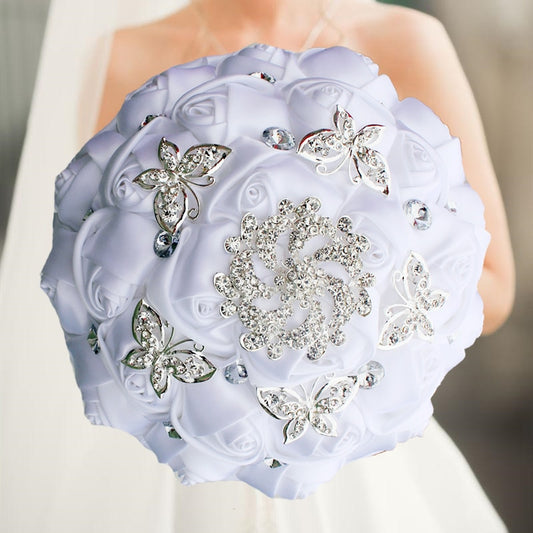 White Wedding Brooch Bouquet - Bride Wedding Bouquets Bridesmaids Silk Rose Flower