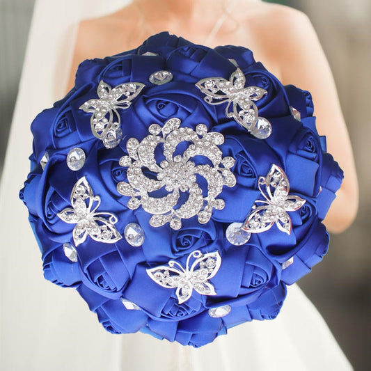 Blue Rhinestone Wedding Brooch Bouquet - Bride Wedding Bouquet Bridesmaids Silk Rose Flower