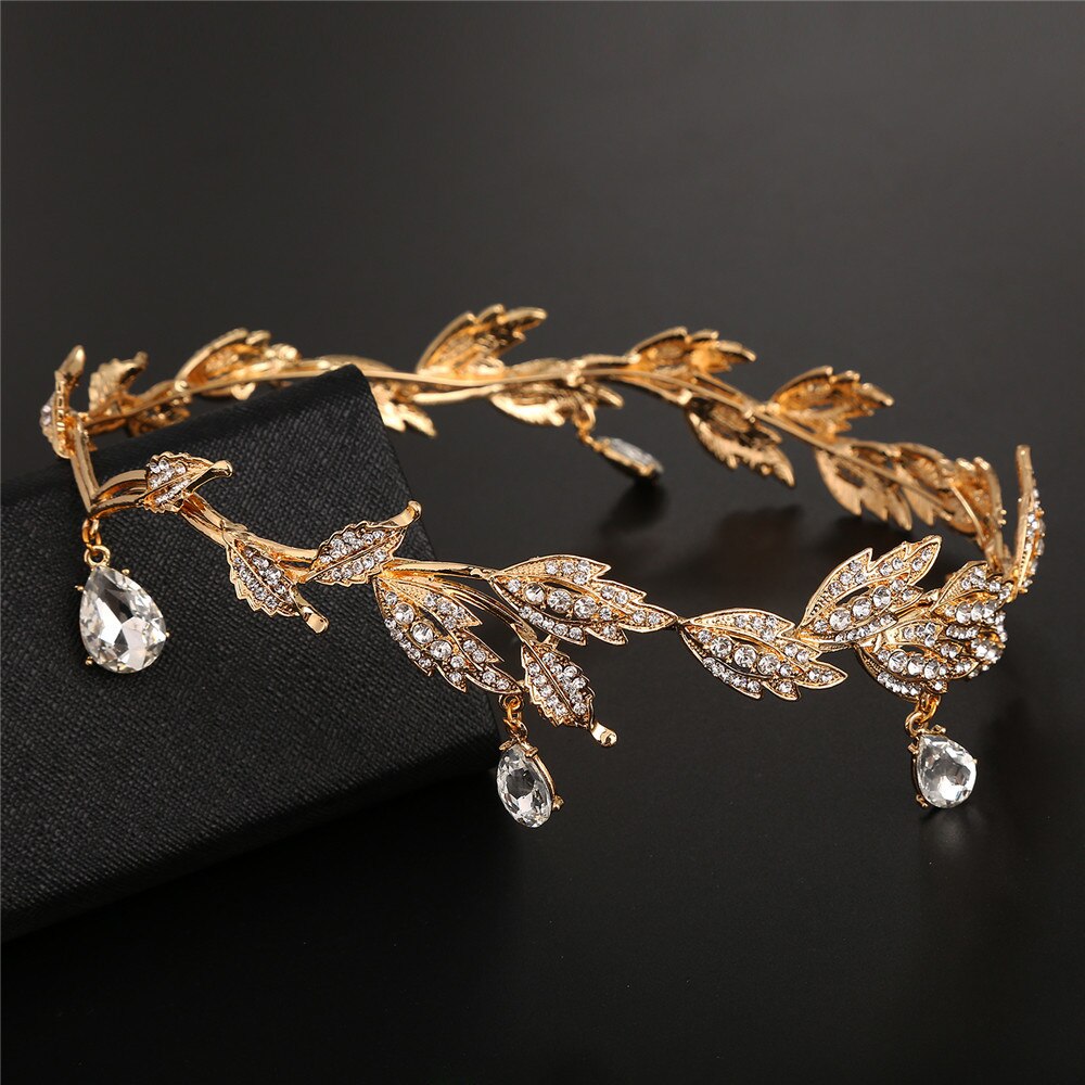 Baroque Crystal Crown Bridal Rhinestone Diadem Teardrop Leaf Tiara Bride Headband Frontlet Wedding