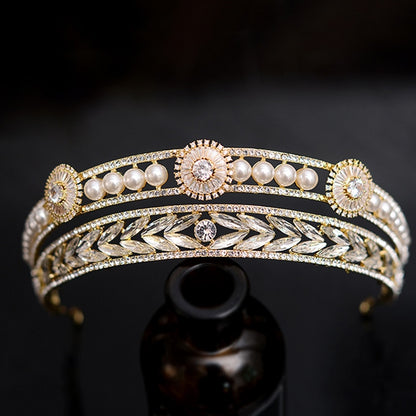 Baroque Gold Color Crystal Pearls Bridal Tiaras Crowns Rhinestone Pageant Diadem Bride Headband