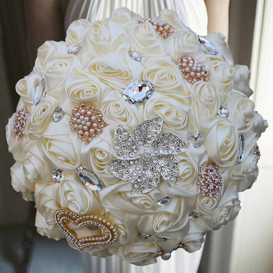 Cream Wedding Brooch Bouquet - Bride Wedding Bouquets Bridesmaids Silk Rose Flower