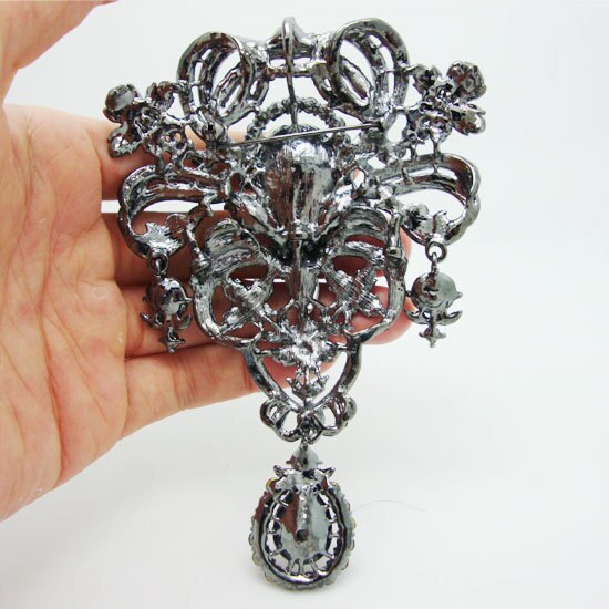 Style Flower Drop Pendant Brooch Pin Black Rhinestone Crystal