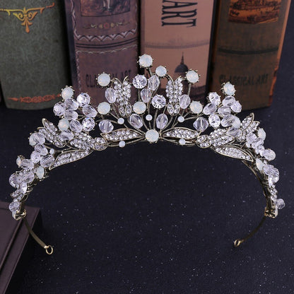 Baroque Handmade Pink Crystal Beads Bridal Tiaras Crowns Pageant Prom Rhinestone Veil Tiara Headband