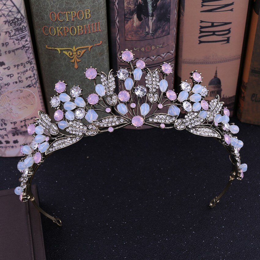 Baroque Handmade Pink Crystal Beads Bridal Tiaras Crowns Pageant Prom Rhinestone Veil Tiara Headband