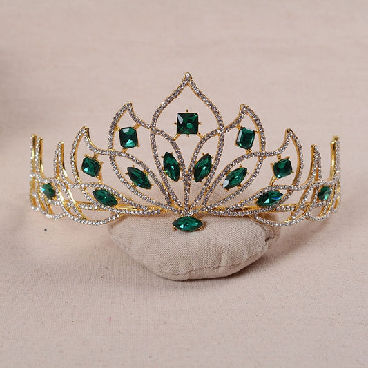 Baroque Vintage Gold Color Bridal Tiara Crystal Bride Diadem Green Rhinestone Crown Women Wedding