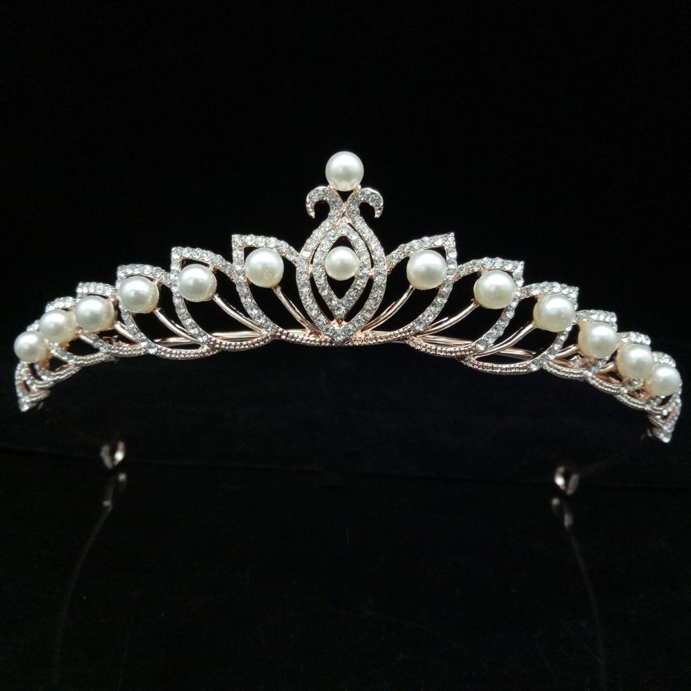 Gorgeous Silver Plated Crystal Pearls Bridal Tiaras Crown Rose Gold Alloy Rhinestone Diadem Headband
