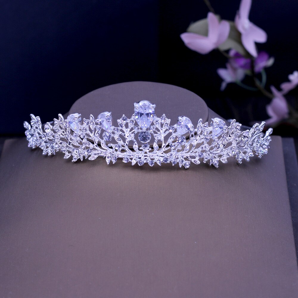 New Arrival Stunning Vintage Prong Setting Leaf Cubic Zircon Wedding Tiara Bridal Queen Princess Pag