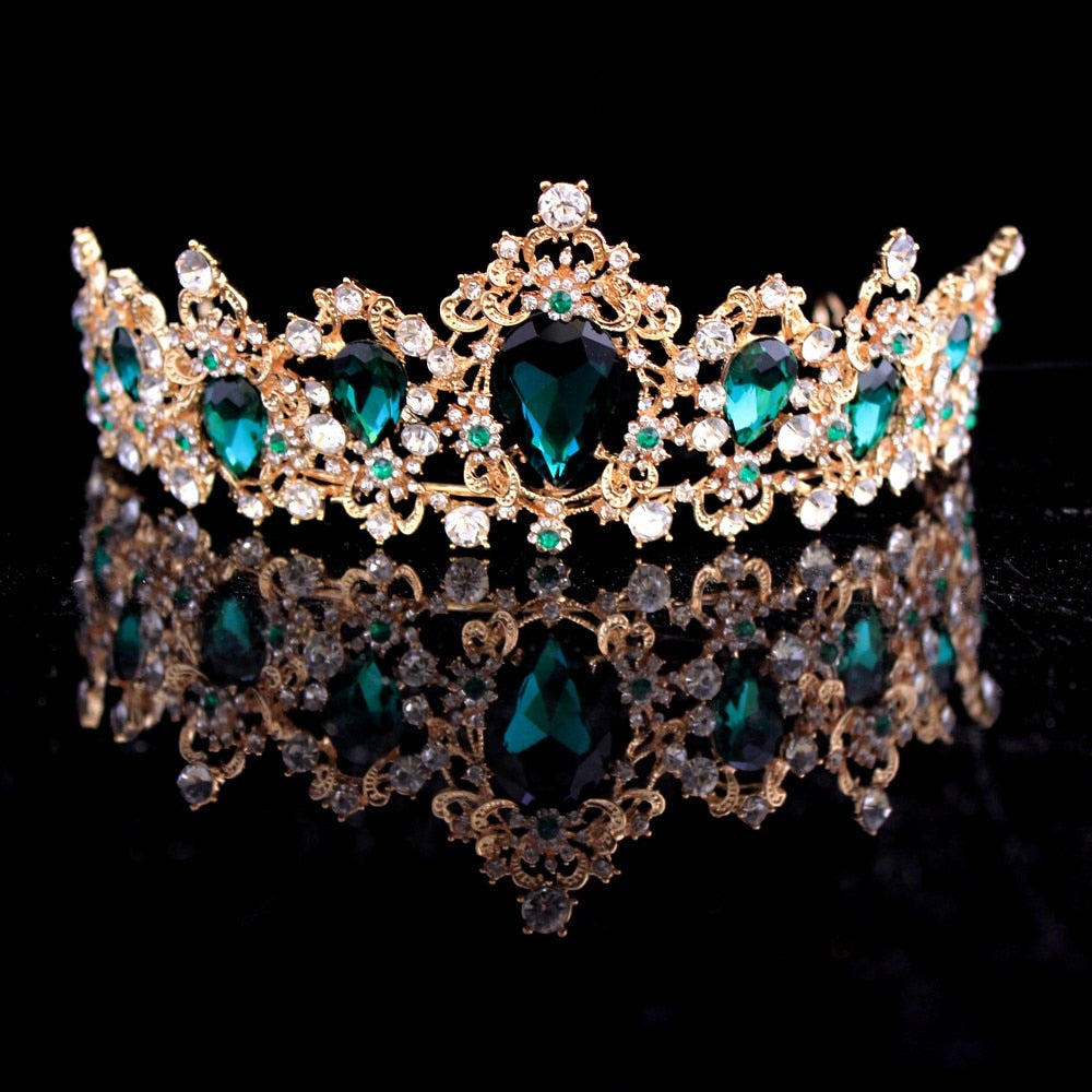 Baroque Green Crystal Bridal Tiaras Crown Vintage Gold Color Wedding Rhinestone Diadem Pageant Crown