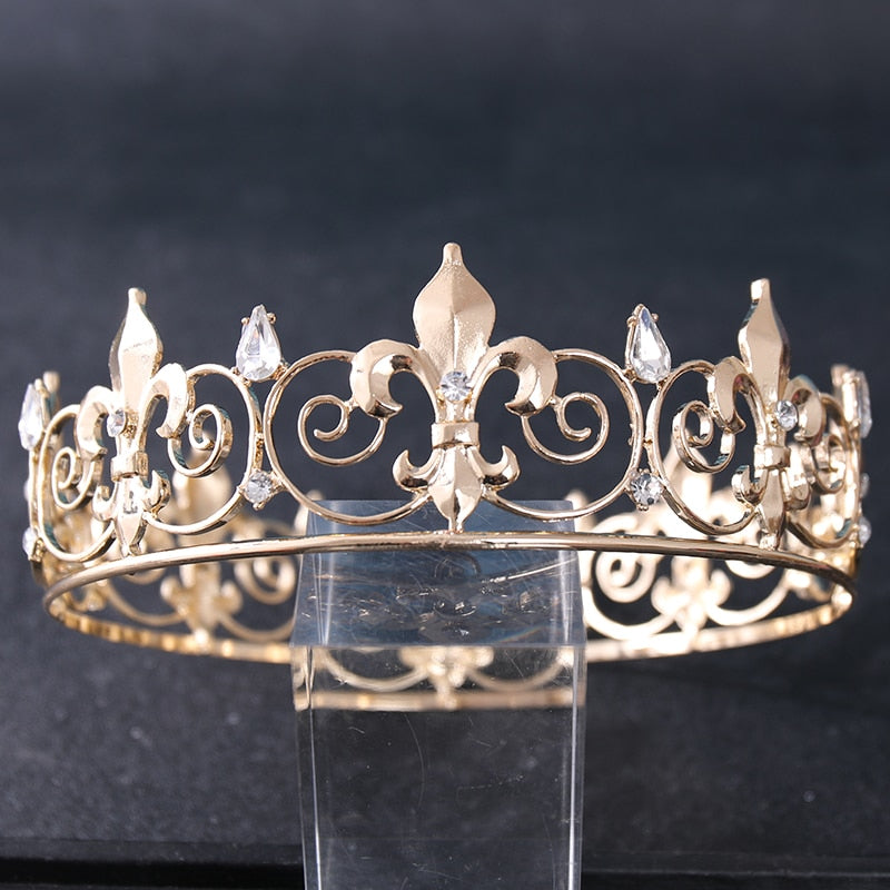 Baroque Crystal Gold Round Crowns Party King Queen Tiara For Women