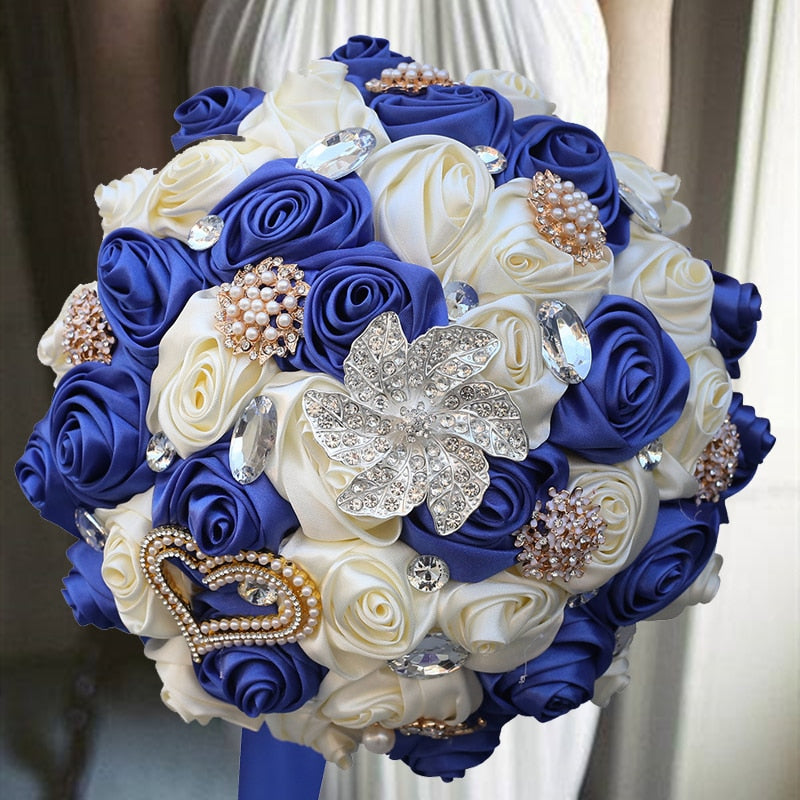 Blue White Wedding Brooch Bouquet - Bride Wedding Bouquets Bridesmaids Silk Rose Flower