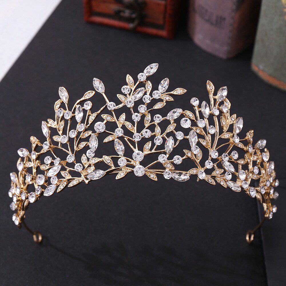 Baroque Retro Gold Color Green Crystal Leaf Bridal Tiara Crown Rhinestone Pageant Diadem Bride