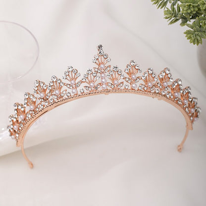 Rose Gold Rhinestone Pearl Wedding Crown Tiara